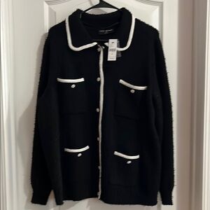 Lane Bryant Black Cardigan with White Accents and Gemstone Buttons